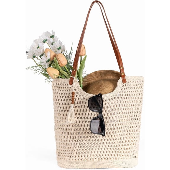CAILDANL Straw Beach Bag for Women - Handmade Raffia Woven Tote Handbag, Summer Mesh Beach Purse for Vacation Holiday
