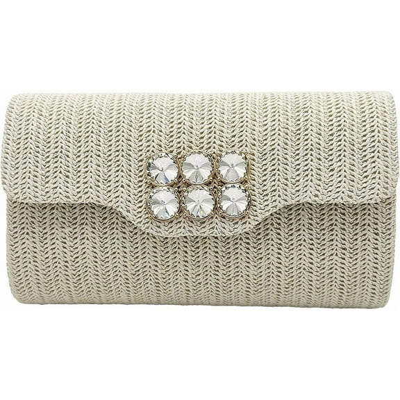 CAILDANL Straw Clutch Purse, Summer Woven Beach Pouch, Crystal Embellished Evening Handbag, Boho Crossbody Shoulder Bag