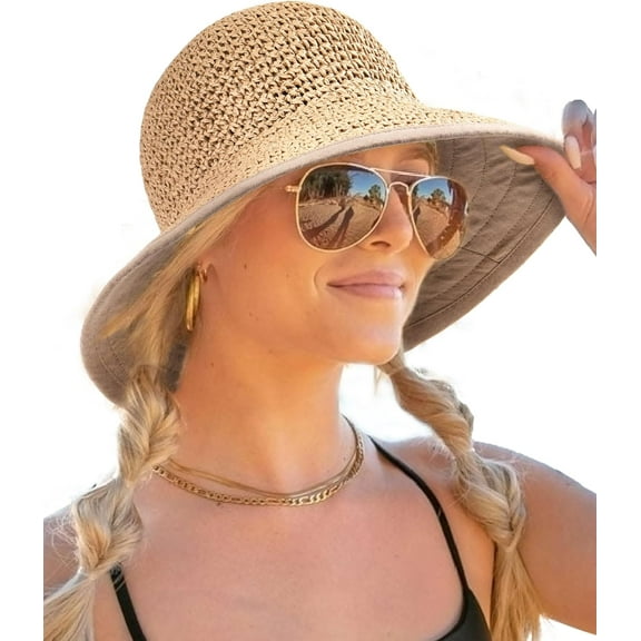 CAILDANL Sun Hats for Women Summer Beach Hat Wide Brim Handmade Straw Hat Foldable Packable UPF 50 Crochet Travel Bucket Hat