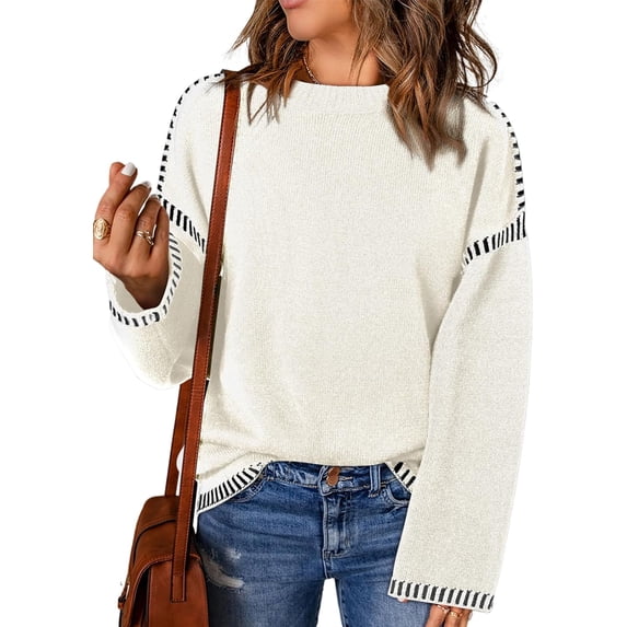 CAILDANL Sweaters for Women Fashion Solid Crewneck Loose Fit Long Sleeve Contrast Cable Knit Pullover Sweater Jumper Tops