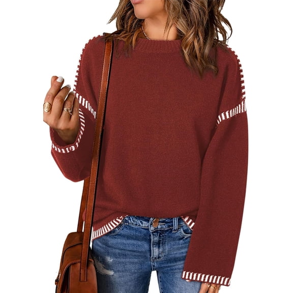 CAILDANL Sweaters for Women Fashion Solid Crewneck Loose Fit Long Sleeve Contrast Cable Knit Pullover Sweater Jumper Tops