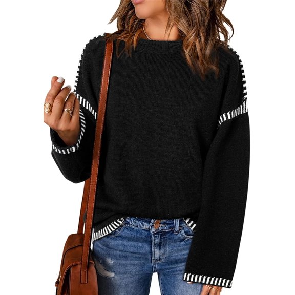 CAILDANL Sweaters for Women Fashion Solid Crewneck Loose Fit Long Sleeve Contrast Cable Knit Pullover Sweater Jumper Tops
