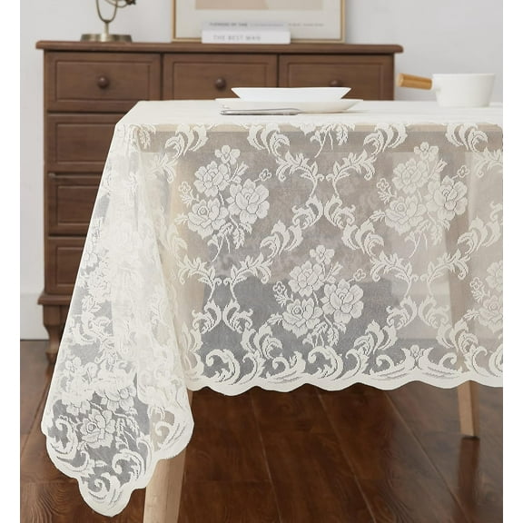 CAILDANL Tablecloth. 60 x 84 Ivory Lace Tablecloth. Elegant Rectangle Tablecloths for Rectangle Tables Feature Floral Design for Rustic Kitchen Décor, Wedding Decor. MTC Ivory 84