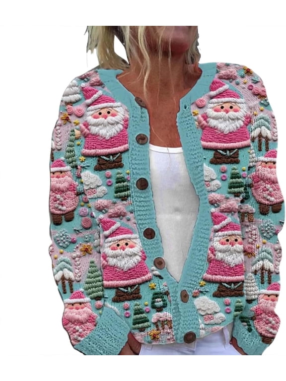 Ugly Sweaters for Women Plus Size Vintage Santa Funny Cardigan Button Up Cute Knit Santa Xmas Sweater