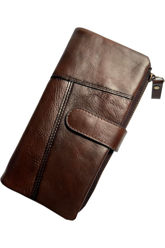 Vintage Long Wallet for Men Genuine Leather Zipper RFID Blocking Card Holder with Coin Pocket Mens Clutch Purse (#4-Coffee)