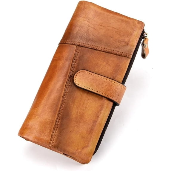 CAILDANL Vintage Long Wallet for Men Genuine Leather Zipper RFID Blocking Card Holder with Coin Pocket Mens Clutch Purse (#4-Coffee)