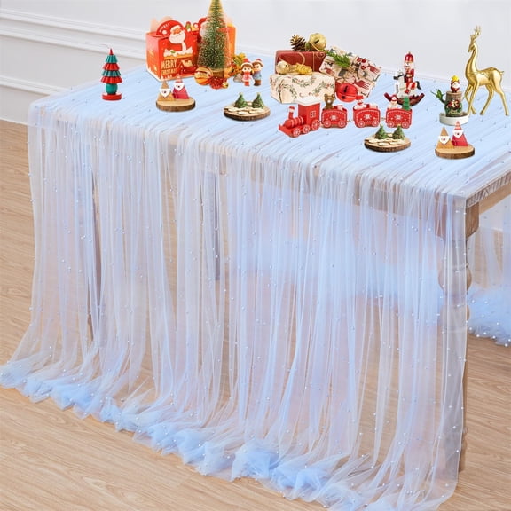 CAILDANL White Pearl Table Cloth: Wedding Decor 10ft Tulle Fabric for Christmas Party Bridal Shower Wedding Arch Veil Lace Decorations 60x120 Inch