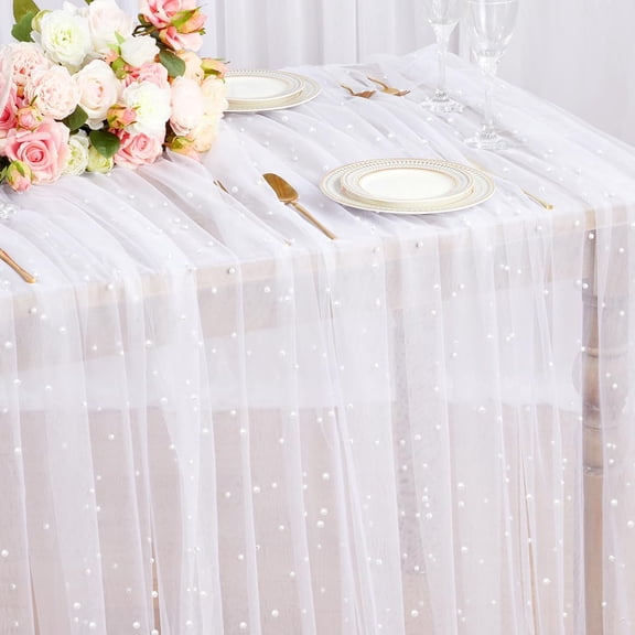 CAILDANL White Pearl Table Cloth: Wedding Decor 10ft Tulle Fabric for Christmas Party Bridal Shower Wedding Arch Veil Lace Decorations 60x120 Inch