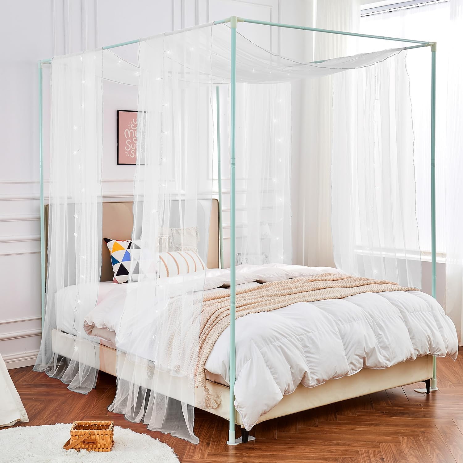 CAILDANL White Twin Canopy Bed Curtains with Light, Princess Bed Canopy Scarf for Girls Room Decor,Window Scarf Valance(2Panel,White)