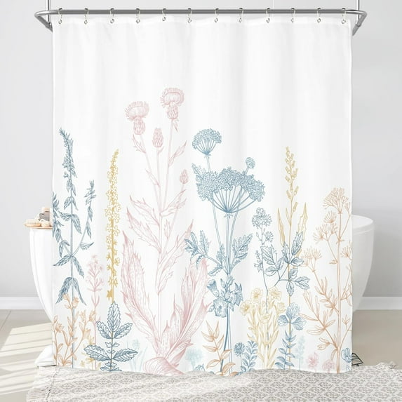 CAILDANL Wildflower Botanical Shower Curtain for Bathroom Decor 72Wx72H Inch Floral Flower Plant Herbs Sage Green Leaves Decorative Bath Set Bathroom Accessories Fabric Waterproof 12 Pack Hooks