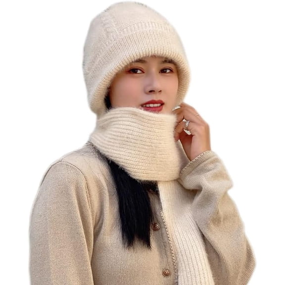 CAILDANL Winter Warm Elastic Soft Ear Protection Knitted Scarf Hat Fleece Lined Beanie Hat