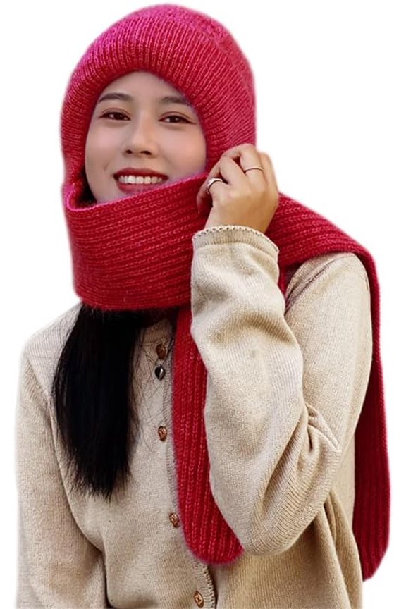 Winter Warm Elastic Soft Ear Protection Knitted Scarf Hat Fleece Lined Beanie Hat