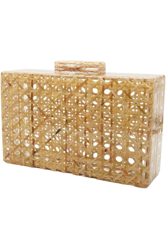 Women Acrylic Handbag Rattan Woven Pattern Square Box Crossbody Handbag Shoulder Bag Chain Purse