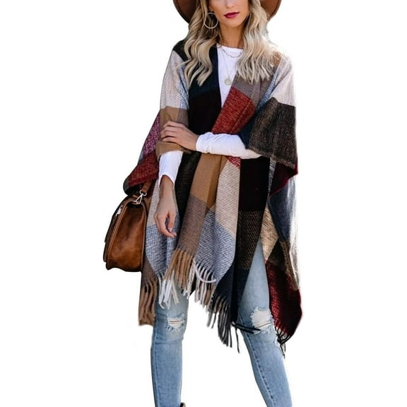 CAILDANL Women Boho Buffalo Plaid Poncho Pashmina Shawl Wrap Cape Sweater Knitting Cardigan with Tassel