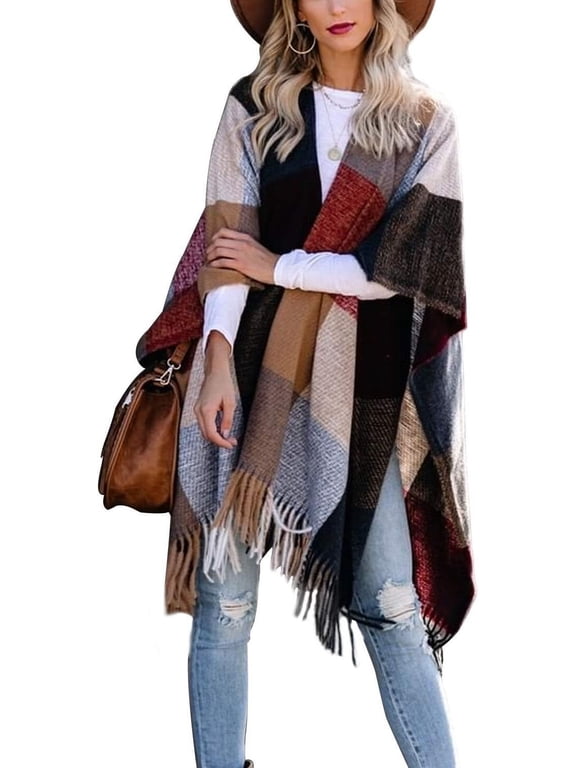 Women Boho Buffalo Plaid Poncho Pashmina Shawl Wrap Cape Sweater Knitting Cardigan with Tassel