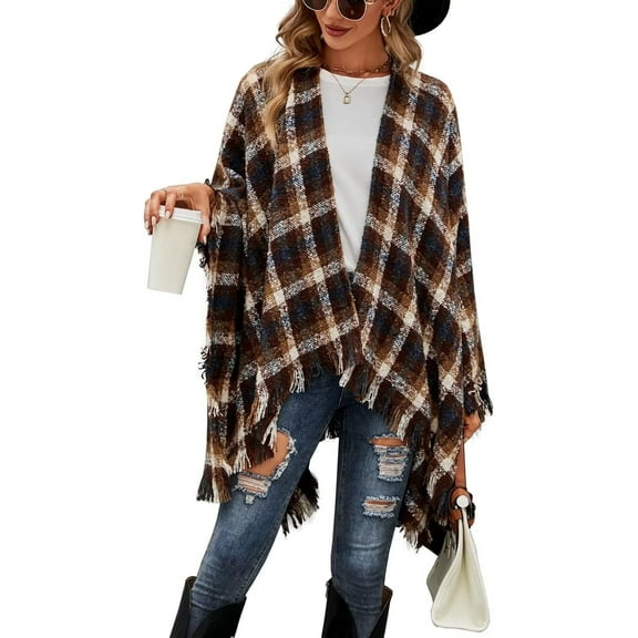 CAILDANL Women Boho Buffalo Plaid Poncho Pashmina Shawl Wrap Cape Sweater Knitting Cardigan with Tassel