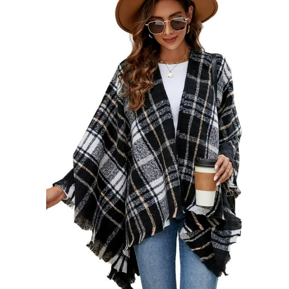 CAILDANL Women Boho Buffalo Plaid Poncho Pashmina Shawl Wrap Cape Sweater Knitting Cardigan with Tassel