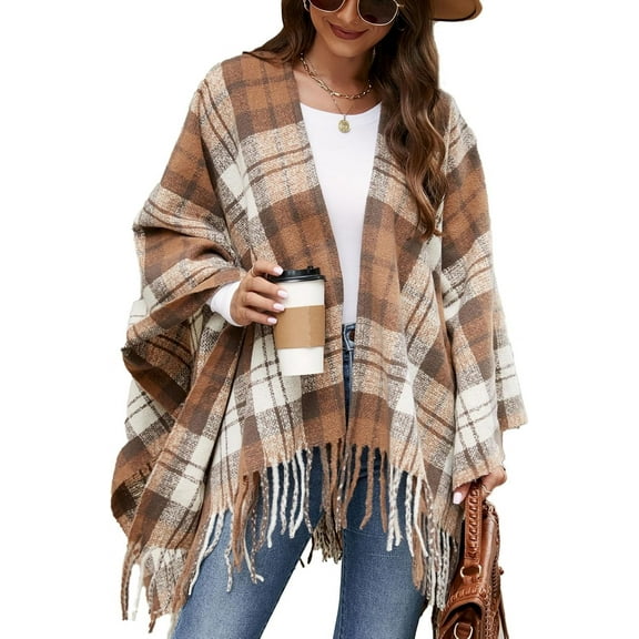 CAILDANL Women Boho Buffalo Plaid Poncho Pashmina Shawl Wrap Cape Sweater Knitting Cardigan with Tassel