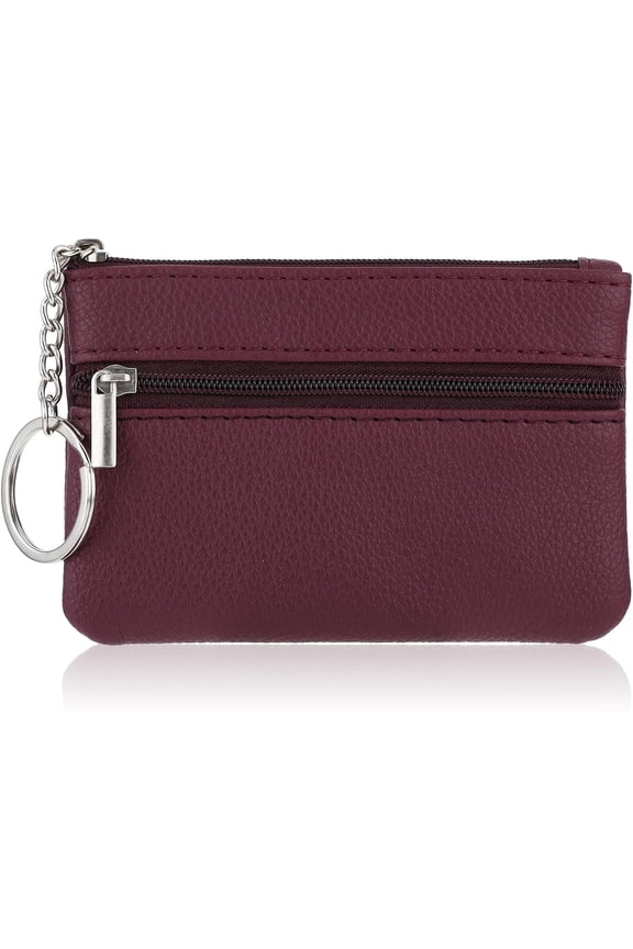 Women Coin Purse, Solid PU Lychee Pattern Zip Mini Coin Purse With Key Ring Portable Change Wallet Mini Coin Pocket for Women Double Zipper Card Holder Wallet (Fantasy Green)