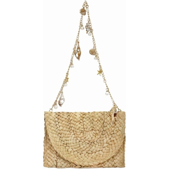 CAILDANL Women Pearl Straw Clutch Purse Woven Summer Beach Evening Bag Wedding Party Straw Shoulder Handbag