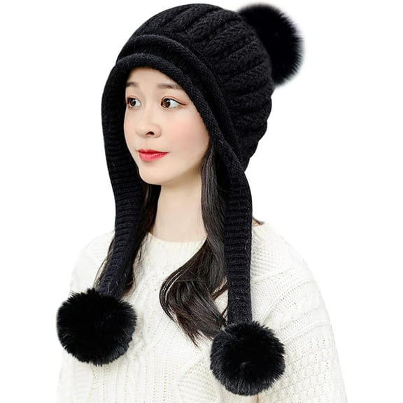 CAILDANL Women Winter Peruvian Cover Ears Beanie Hat Ear Flaps Sherpa Ski Snow Hats Knit Fleece Lined 3 Pom Pom