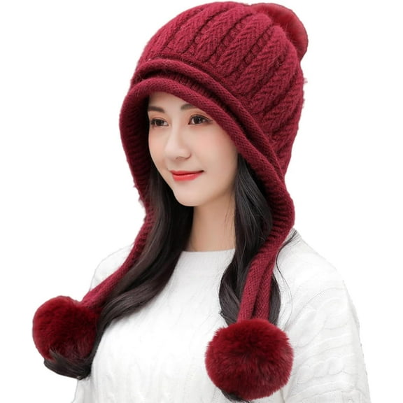 CAILDANL Women Winter Peruvian Cover Ears Beanie Hat Ear Flaps Sherpa Ski Snow Hats Knit Fleece Lined 3 Pom Pom
