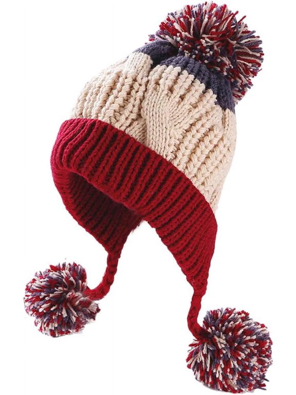 Women Winter Peruvian Cover Ears Beanie Hat Ear Flaps Sherpa Ski Snow Hats Knit Fleece Lined 3 Pom Pom