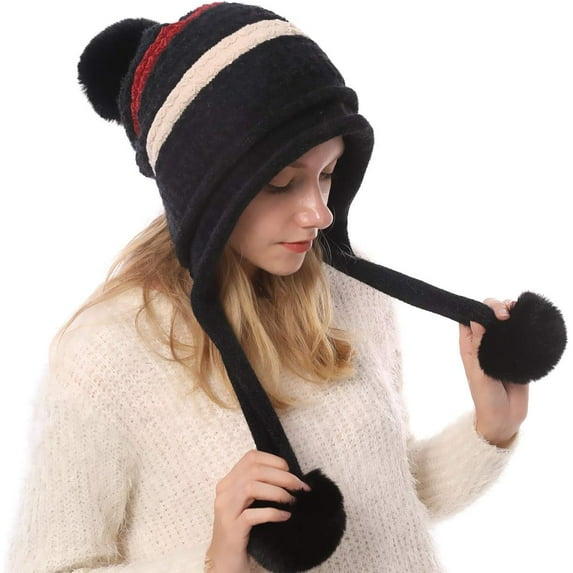 CAILDANL Women Winter Peruvian Cover Ears Beanie Hat Ear Flaps Sherpa Ski Snow Hats Knit Fleece Lined 3 Pom Pom