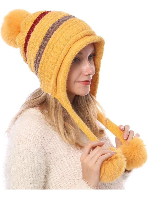 Women Winter Peruvian Cover Ears Beanie Hat Ear Flaps Sherpa Ski Snow Hats Knit Fleece Lined 3 Pom Pom