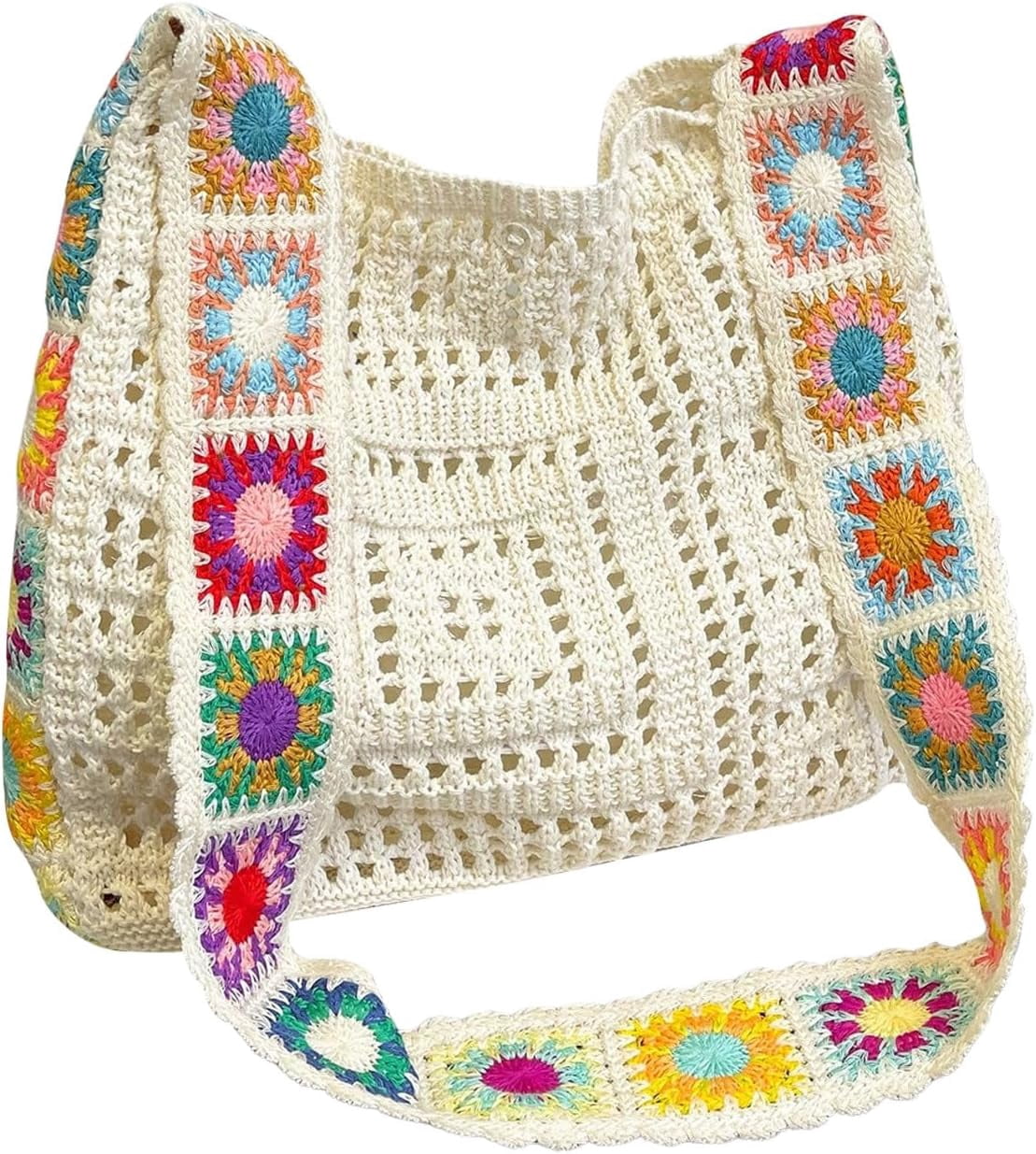 CAILDANL Women's Boho Embroidery Crossbody Bag Hollow Out Crochet Knit Shoulder Bag Tote Handbag