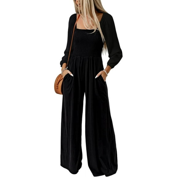 CAILDANL Women's Casual Loose Overalls Jumpsuits One Piece Long Sleeve Wide Leg Long Pant Rompers With Pockets