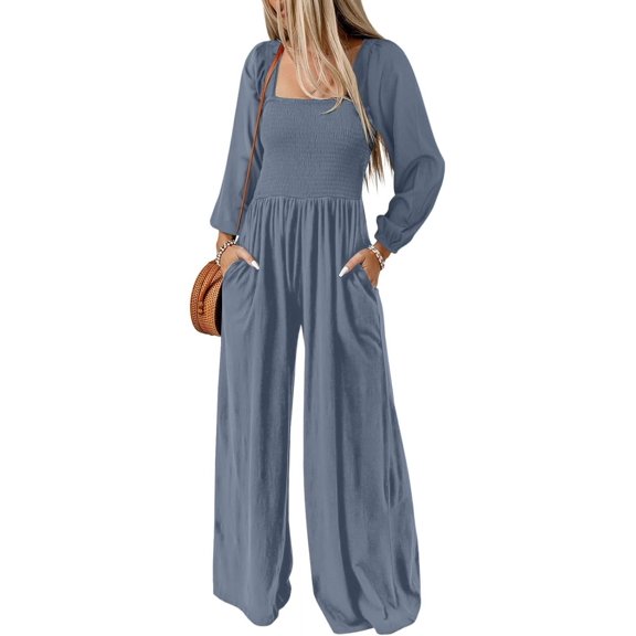 CAILDANL Women's Casual Loose Overalls Jumpsuits One Piece Long Sleeve Wide Leg Long Pant Rompers With Pockets