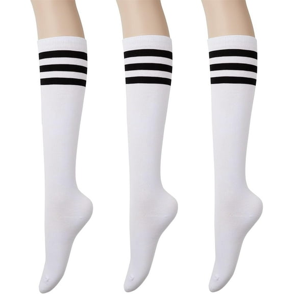 CAILDANL Women's Cotton Knee High Socks - Casual Solid & Striped Colors Fashion Socks 3 Pairs (Women’s Shoe Size 5-9)