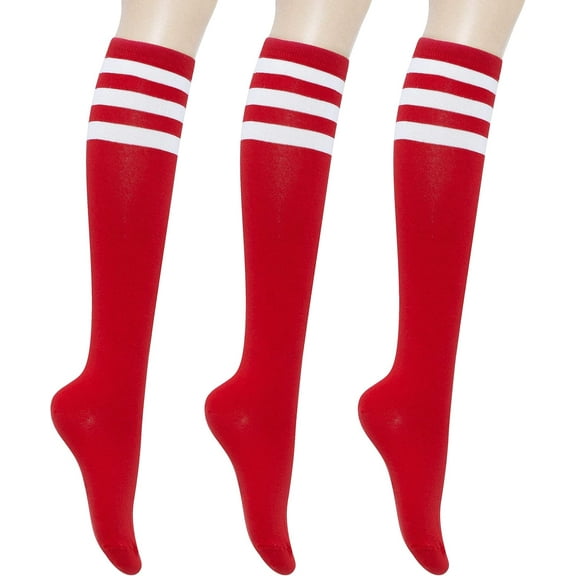 CAILDANL Women's Cotton Knee High Socks - Casual Solid & Striped Colors Fashion Socks 3 Pairs (Women’s Shoe Size 5-9)