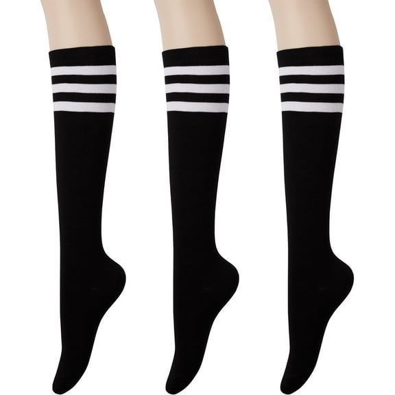 CAILDANL Women's Cotton Knee High Socks - Casual Solid & Striped Colors Fashion Socks 3 Pairs (Women’s Shoe Size 5-9)