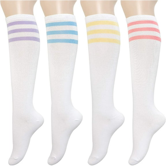 CAILDANL Women's Cotton Knee High Socks - Casual Solid & Striped Colors Fashion Socks 3 Pairs (Women’s Shoe Size 5-9)