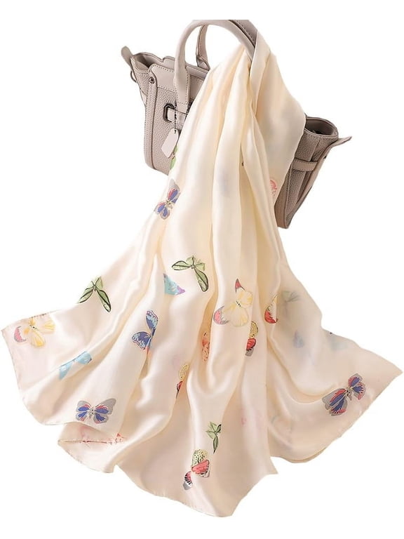 Women's Fashion 100% Mulberry Silk Large Scarf-Elegant Lightweight Satin Flowers & Birds Printed Shawls & Wraps for Lady