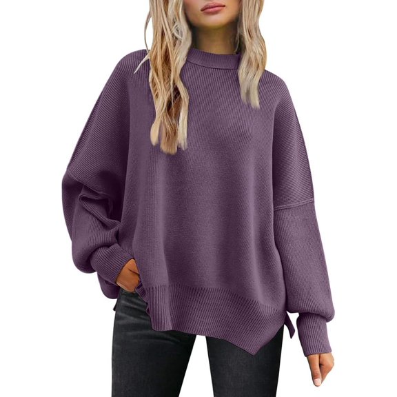 CAILDANL Women's Oversized Batwing Sweaters 2025 Fall Outfits Trendy Crewneck Knit Side Slit Fashion Pullover Tops