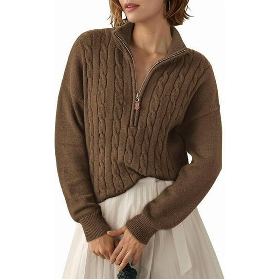 CAILDANL Women's Sweaters 2025 Fall Winter Quarter Zip Casual Ribbed Cable Knit Pullover