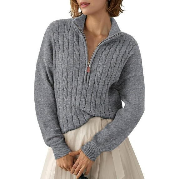 CAILDANL Women's Sweaters 2025 Fall Winter Quarter Zip Casual Ribbed Cable Knit Pullover