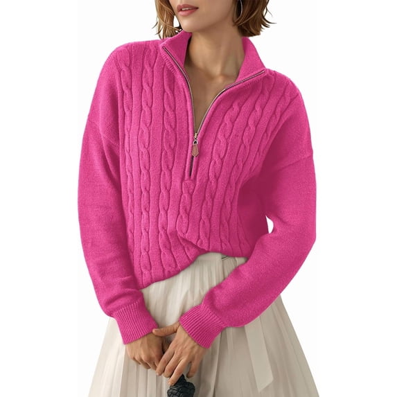CAILDANL Women's Sweaters 2025 Fall Winter Quarter Zip Casual Ribbed Cable Knit Pullover