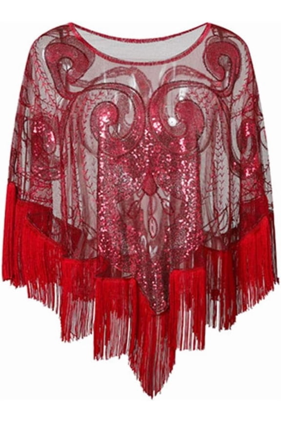 Women's Vintage 1920s Fringed Shawl Wraps Beaded Sequin Evening Cape Bridal Shawl Capelet Flapper Bolero Cover Up