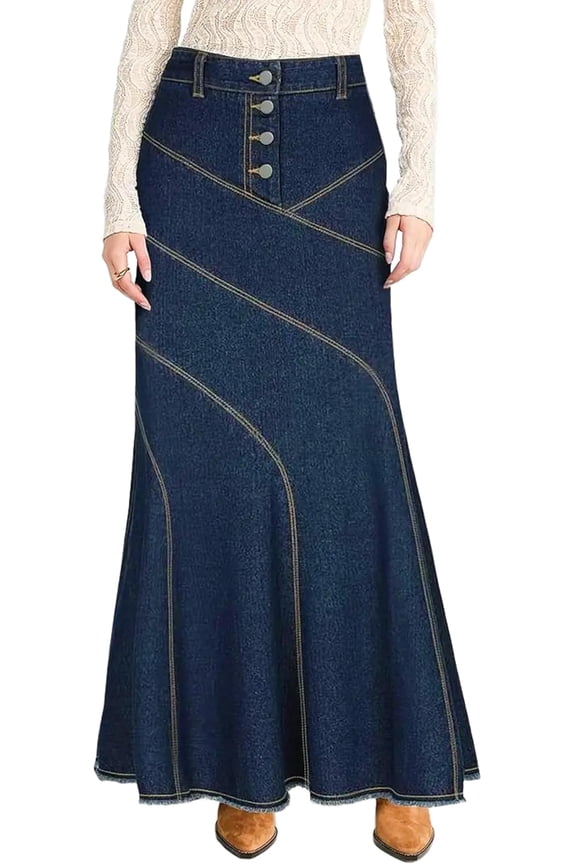 Women's Western Style Front Slit Design Wash Jean Long Denim Maxi Skirt