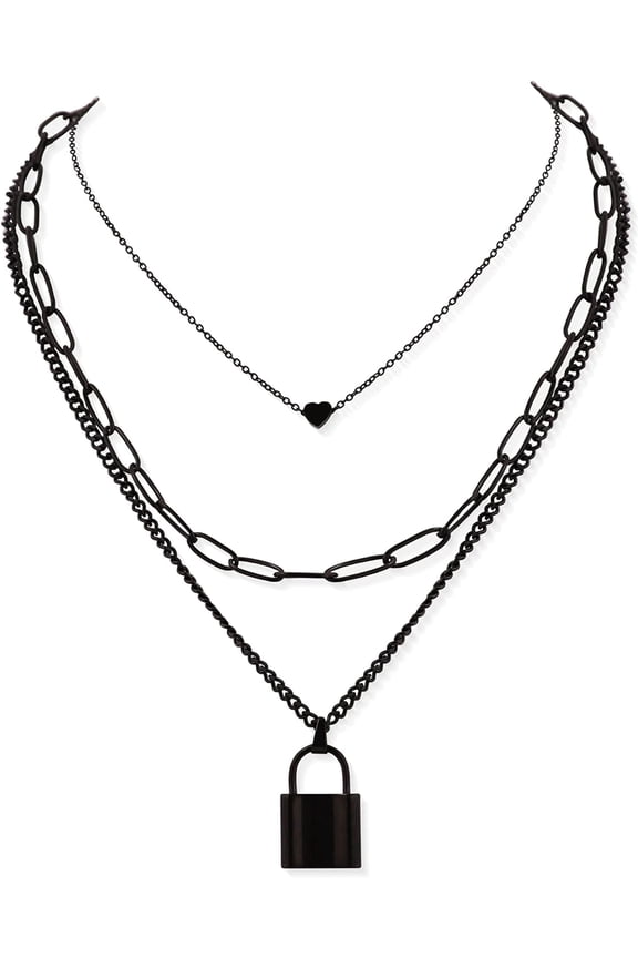 Women's Zinc Alloy & Stainless Steel Gothic Black Layered Necklace (12.59+16.53+18.11 inches) - Heart & Lock Pendant, Y2K Emo Necklace, Halloween, Gift