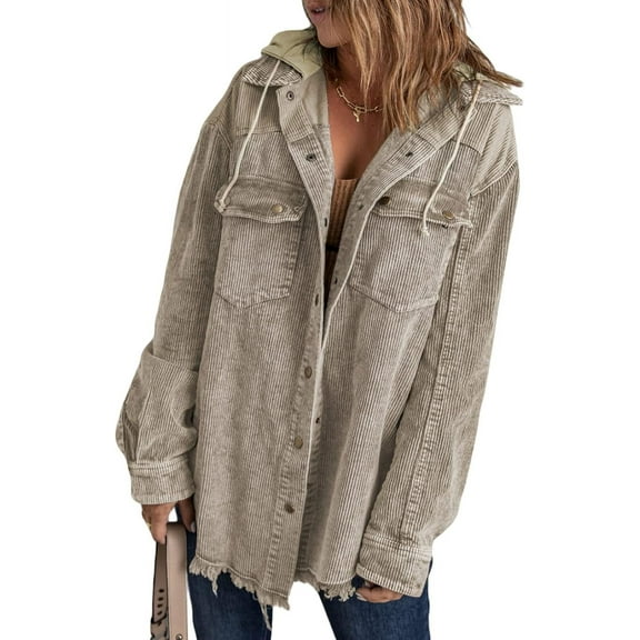 CAILDANL Womens 2025 Fall Corduroy Shacket Jacket Long Sleeve Button Down Color Block Hooded Coat with Pockets