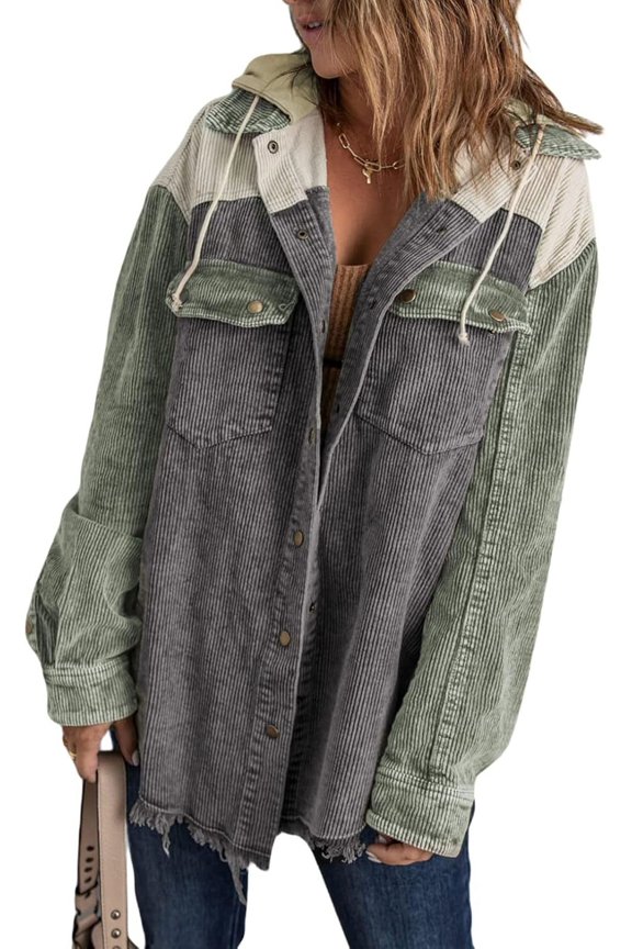 Womens 2025 Fall Corduroy Shacket Jacket Long Sleeve Button Down Color Block Hooded Coat with Pockets