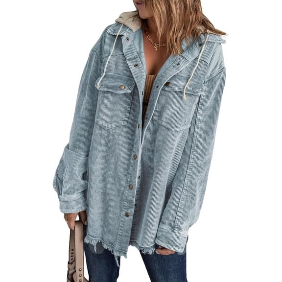 CAILDANL Womens 2025 Fall Corduroy Shacket Jacket Long Sleeve Button Down Color Block Hooded Coat with Pockets