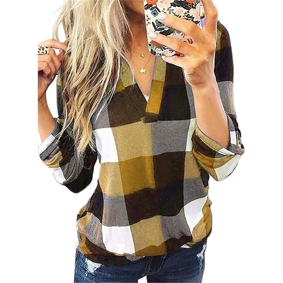 CAILDANL Womens Basic Casual V Neck Plaid Print Cuffed Long Sleeve Work Tops Blouses Shirts S-3XL