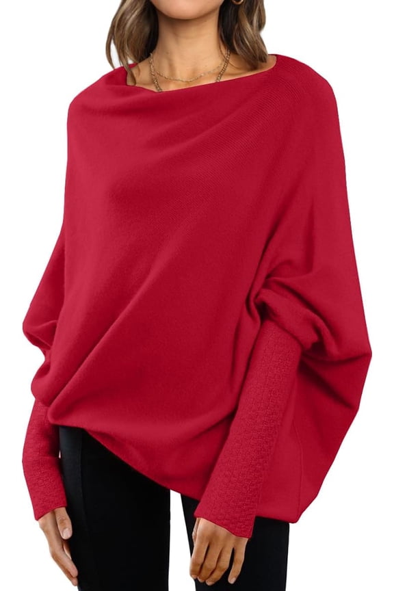 Womens Batwing Oversized Sweaters Assymetrical Off The Shoulder Boat Neck Wrap Tunic Tops Fall