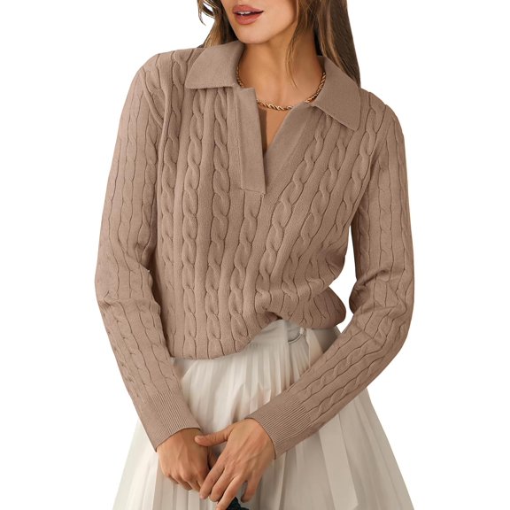 CAILDANL Womens Cable Knit Sweaters Long Sleeve V Neck Sweater Tops Casual Pullover Polo Shirts 2025 Fall Fashion Outfits